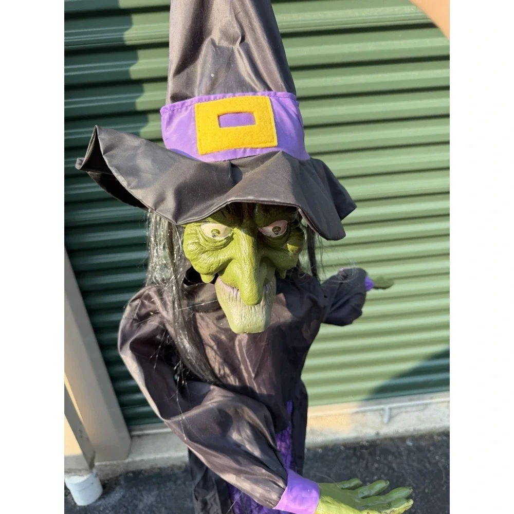 Vintage Gemmy Animated Hanging Witch Halloween Prop Green Purple 3ft 5in